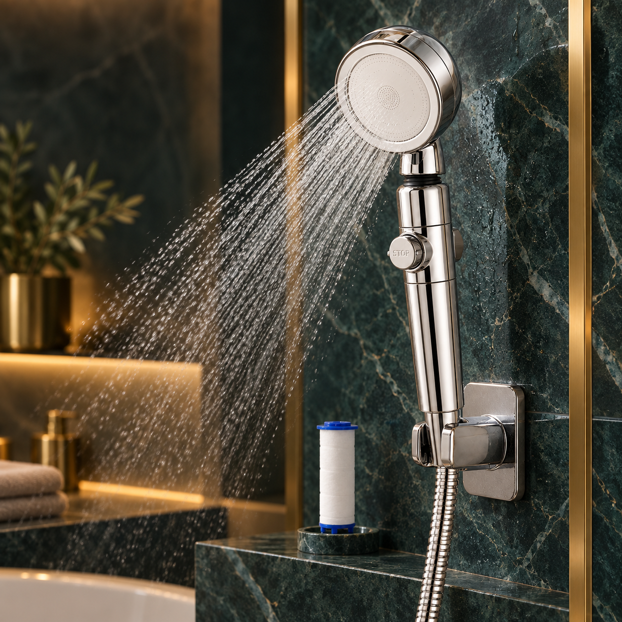 AquaVela chrome handheld showerhead and replacement cartridge in a premium bathroom
