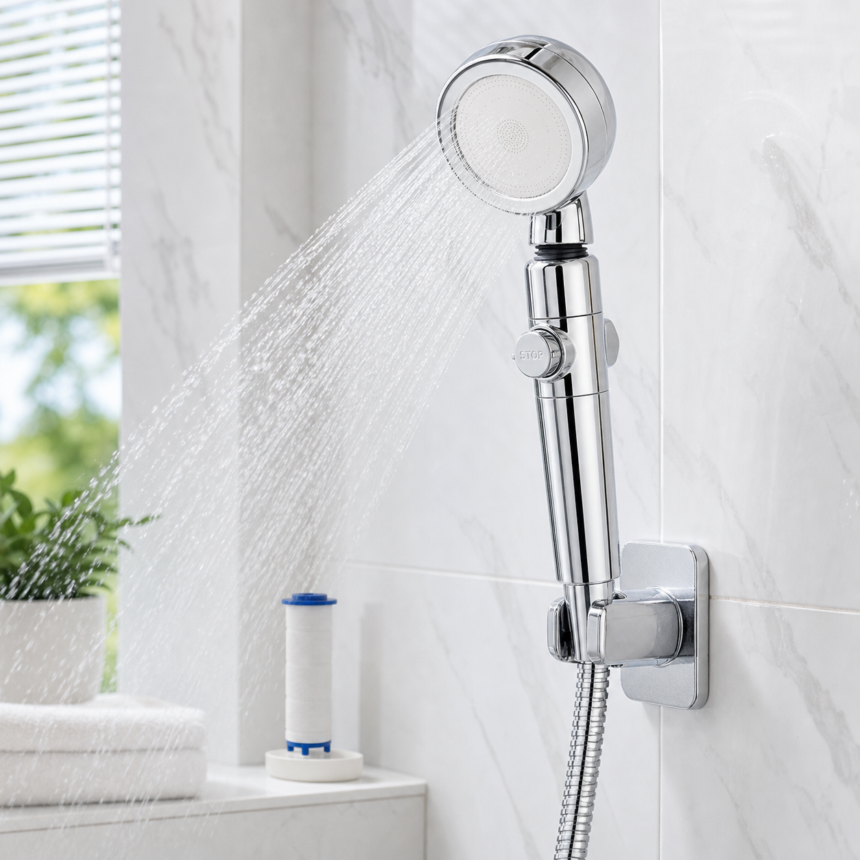 AquaVela chrome handheld showerhead with its replaceable cartridge shown beside it